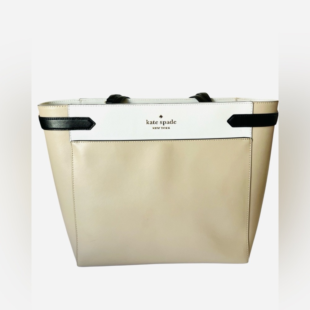 Kate Spade Staci Laptop Tote Bag Leather Handbag Beige Brown Color Block EUC
